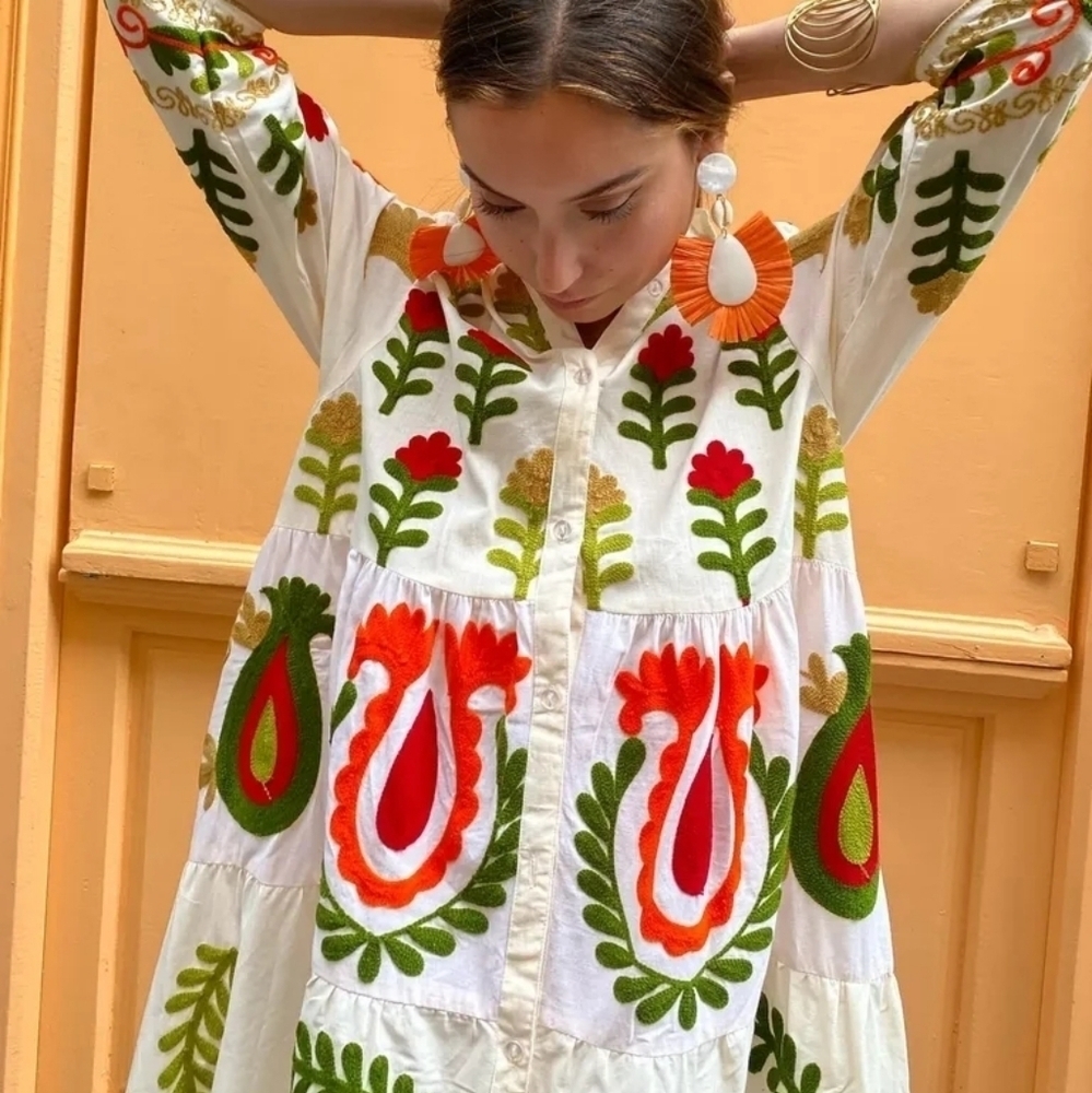 Casual Embroidery Printed Patchwork Lapel Maxi Dresses Women Elegant Button Long - Picture 5 of 6